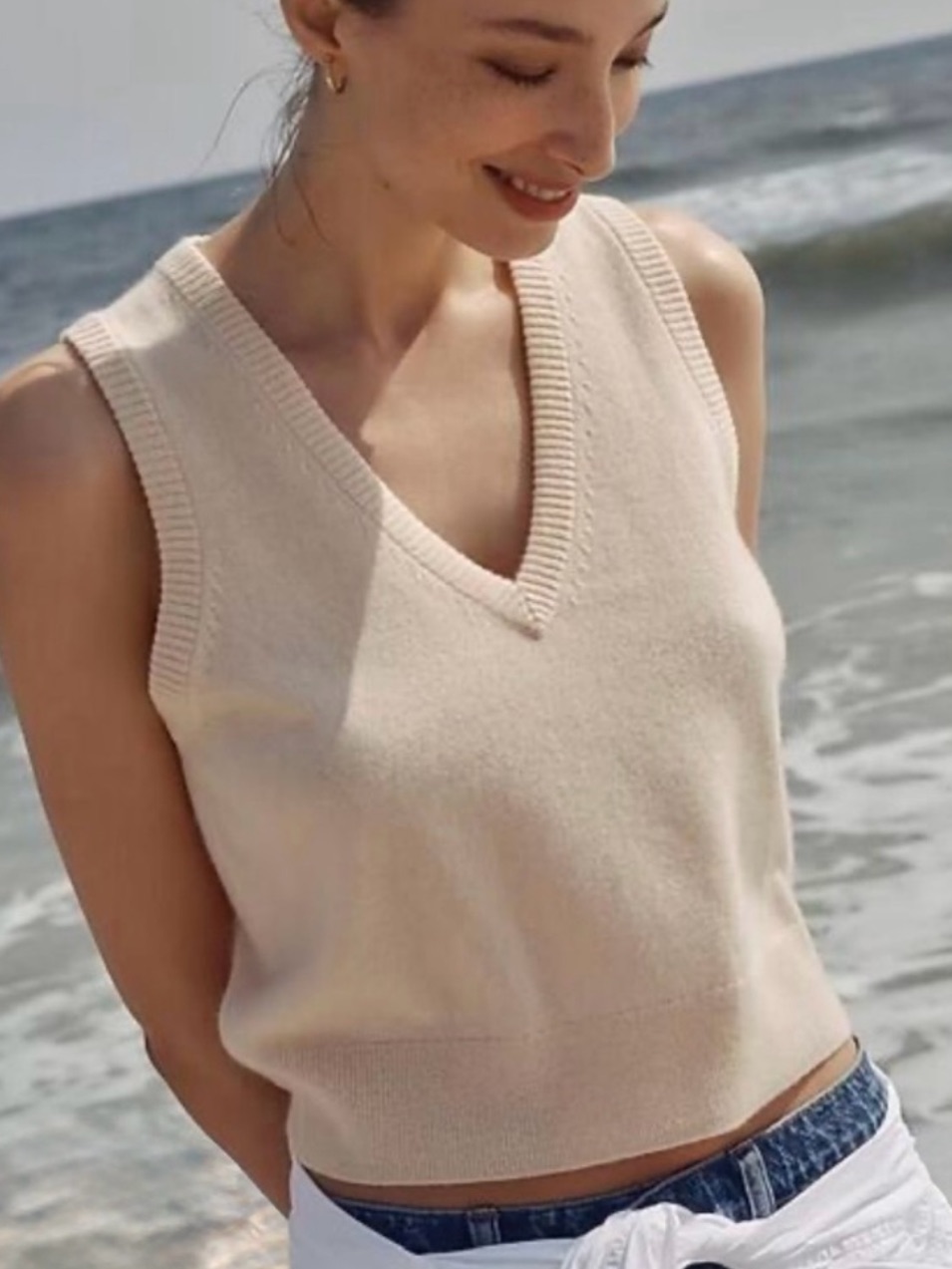 J.Crew 100% Cashmere Sweater Shell Sleeveless Top Buttercream Size Large